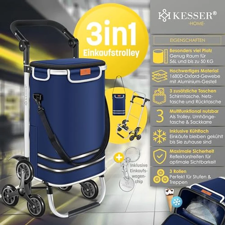 KESSER® Einkaufstrolley Treppensteiger, 56L Kühlfach, belastbar bis 50kg, klappbar, 3in1 Trolley Sackkarre & Umhängetasche, Navyblau – Bild 2