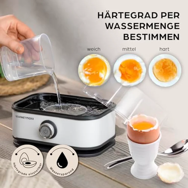GOURMETmaxx Eierkocher für 6 Eier, Egg Boiler mit Eierstecher und 3 Härtegraden, Design Eierkocher Weiß - spülmaschinenfeste Teile – Bild 3