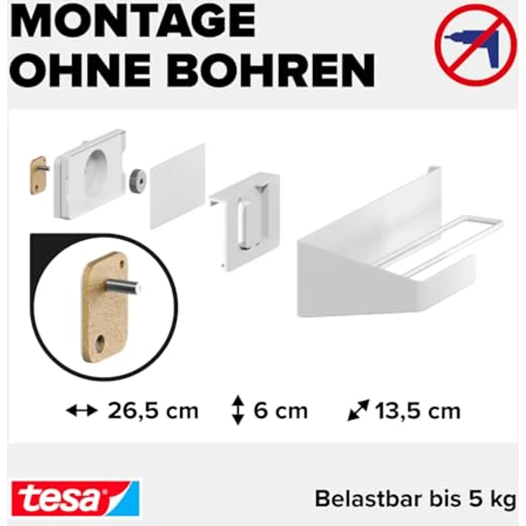 tesa Küchenrollenhalter, selbstklebender Wandrollenhalter, Komplett-Set mit Adapter und Wasserwaage, Montage ohne Bohren, max. 5 kg belastbar – Bild 5