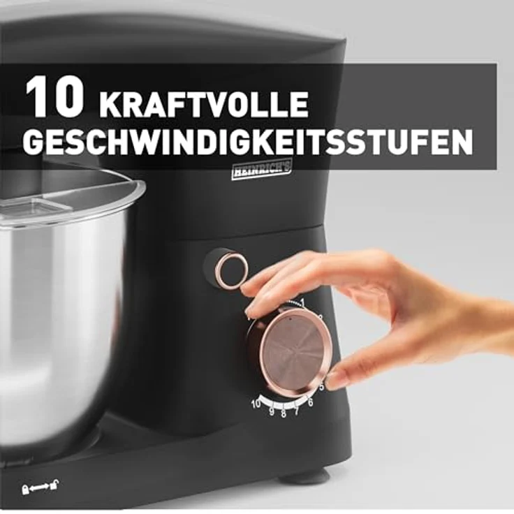 Heinrich´s HKM 8077 Küchenmaschine, Knetmaschine mit 1500W, 6L Edelstahlschüssel, 10 Geschwindigkeitsstufen, geräuscharm, titan – Bild 3