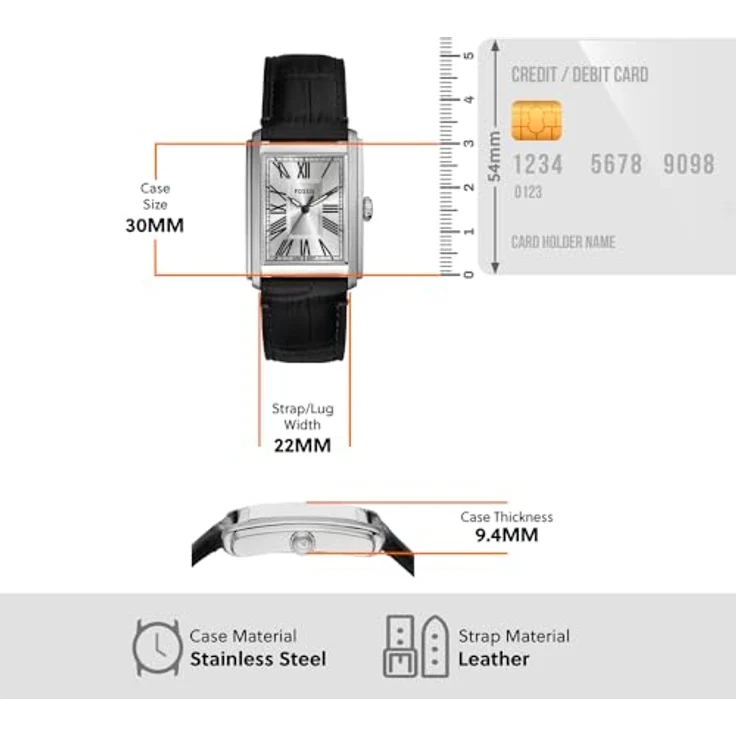 Fossil Herren Analog Quarz Uhr mit Leder Armband FS6078, 30 mm Gehäuse, Wasserdicht bis 50 m, silbernes Zifferblatt, schwarzes Band – Bild 5