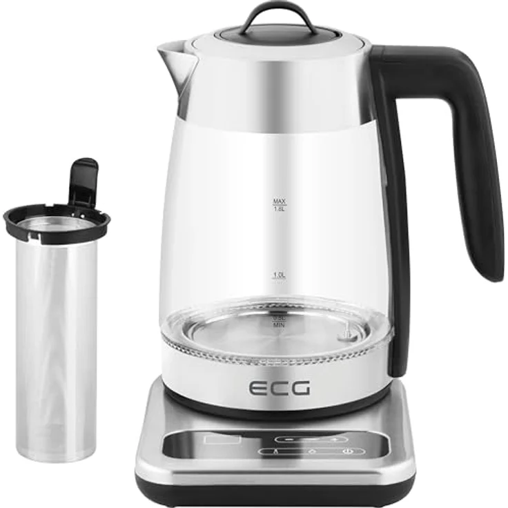 ECG RK 1891 INFUSO Wasserkocher mit Teesieb, 1850 Watt, 1,8 Liter, 7 Temperatureinstellungen, Glas, Edelstahl – Bild 3