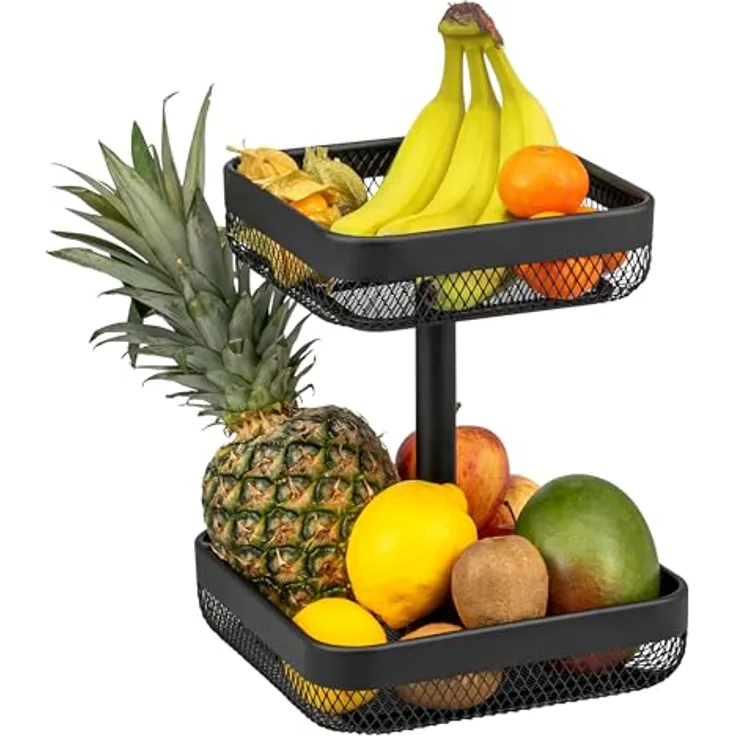 eluno 2-stöckige eckige Obstetagere/Brotkorb, Schwarz, mit 20 x 20 cm und 25 x 25 cm Körben aus pulverbeschichtetem Metall für vielseitige Lagerung von Obst, Gemüse, Brot und Snacks
