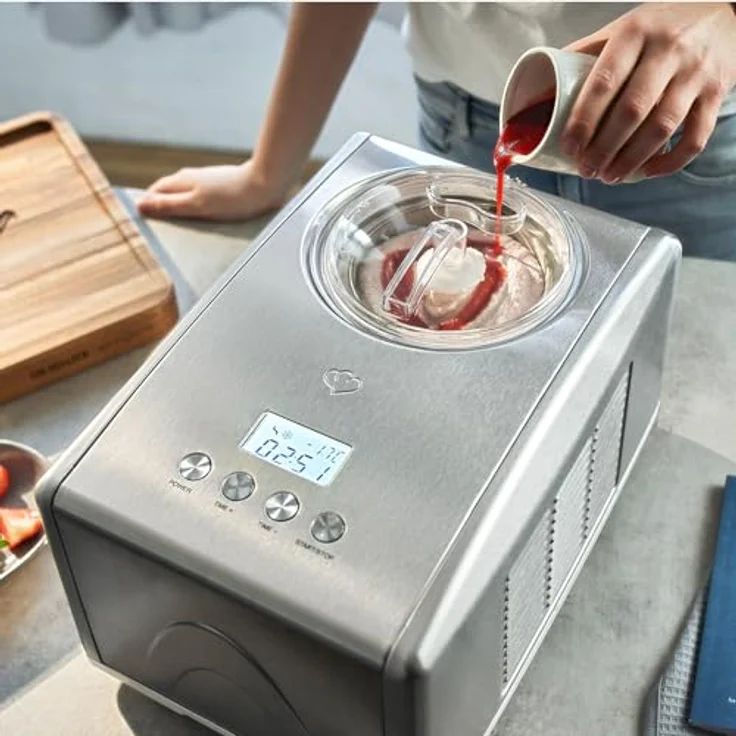 Springlane Kitchen Eismaschine Emma 1,5 L mit selbstkühlendem Kompressor 150 W, aus Edelstahl mit entnehmbarem Eisbehälter, inkl. Rezeptheft (Silber, Emma Silber + 4 Eisbehälter Mini Mint) – Bild 5