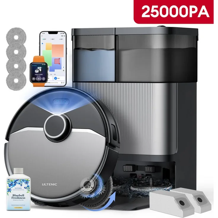 Ultenic MX50, Nass-Trocken-Saugroboter mit 25000Pa, 9-in-1 Automatikstation, DualSpin-Wischsystem, automatische Staubentleerung und Heißlufttrocknung
