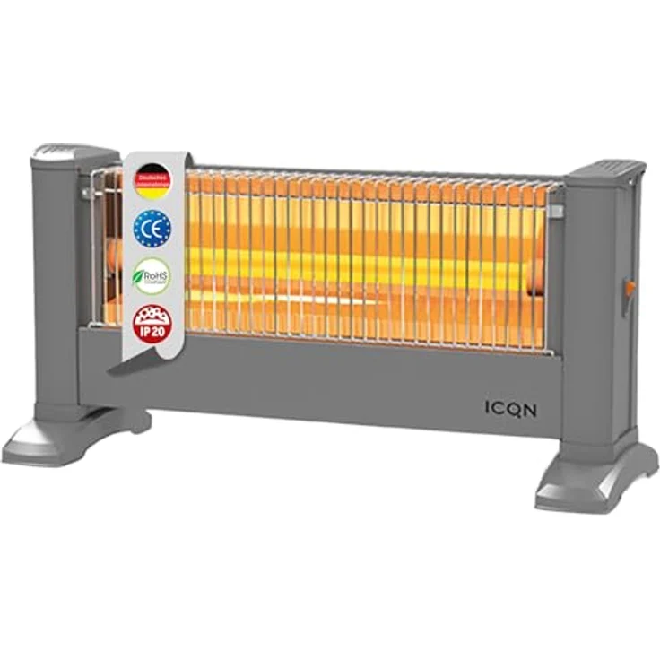 ICQN Infrarot Standheizstrahler, Elektroheizung mit 900 W für Räume bis 10m², Silber, 135 cm Kabel, IP20 zertifiziert – Bild 1