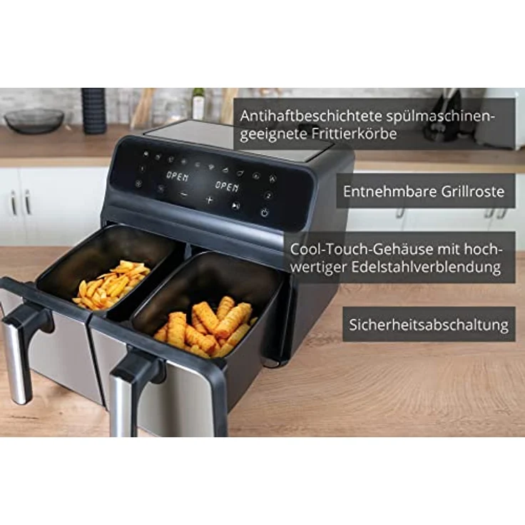 Unold Heißluftfritteuse Doppelkammer TWIN ZONE 58685 | Doppel-Heißluftfritteuse mit 8 Liter Volumen verteilt auf 2 Kammern, entnehmbare Grillroste, 1.700 Watt, BPA-frei – Bild 5