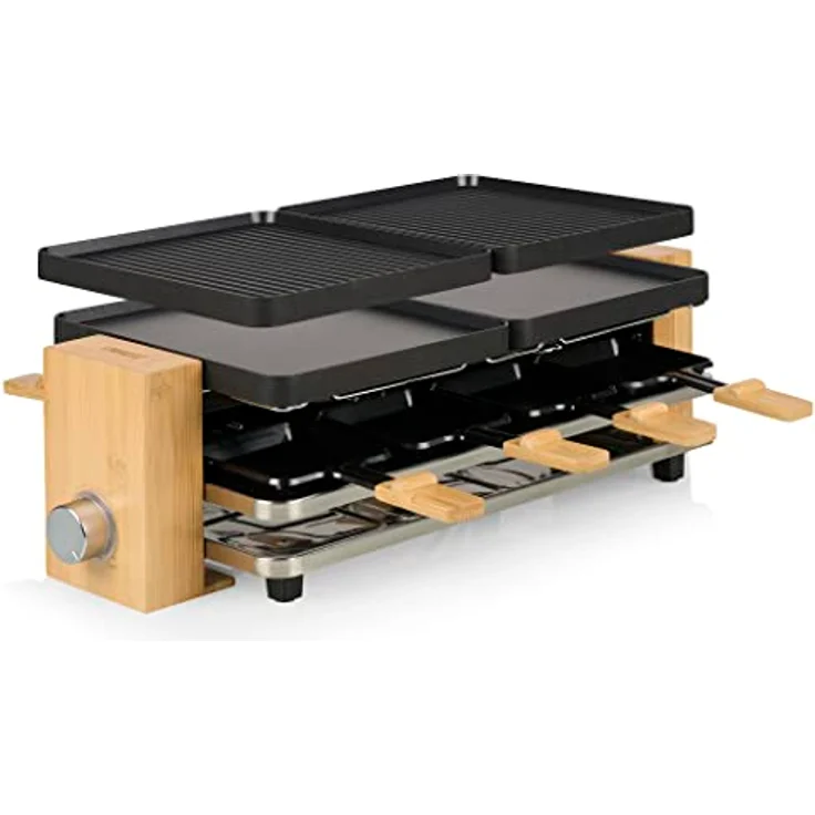 Princess Raclette Pure 8 – Personen 2 wendbare Grillplatten Kochfläche x 21 cm x 23 Parkdeck Thermostat verstellbar natürliches Bambusgehäuse inkl. Pfännchen 1300 W, 01.162918.01.001, Schwarz, Bambus – Bild 5
