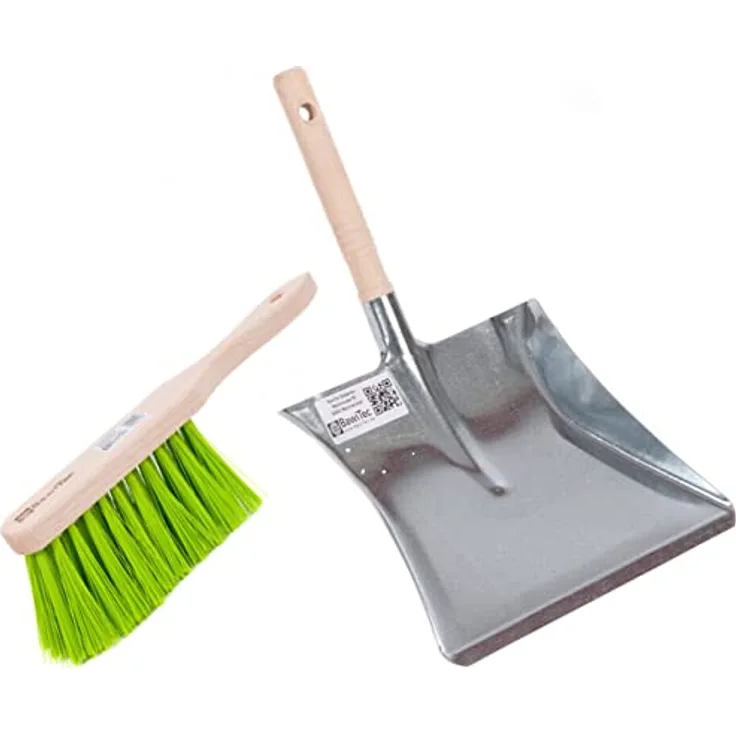 BawiTec Profi Garten-Set,Qualitäts-Kehrset,Handfeger Holz 28cm,Metall-Kehrschaufel mit Holzgriff verzinkt,stabil und robust,Kunststoffborsten neon-grün,Kehrblech,Kehrgarnitur,Gartenbesen