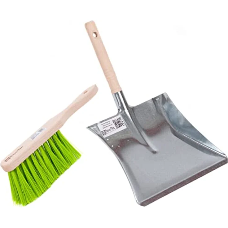 BawiTec Profi Garten-Set,Qualitäts-Kehrset,Handfeger Holz 28cm,Metall-Kehrschaufel mit Holzgriff verzinkt,stabil und robust,Kunststoffborsten neon-grün,Kehrblech,Kehrgarnitur,Gartenbesen – Bild 1