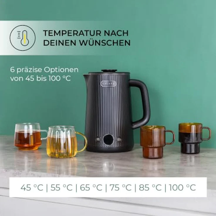CHiATO heatPLAY Groove, Wasserkocher mit 1,7 Litern Fassungsvermögen und smartem Temperaturdisplay, Edelstahl mit matte Oberfläche – Bild 3
