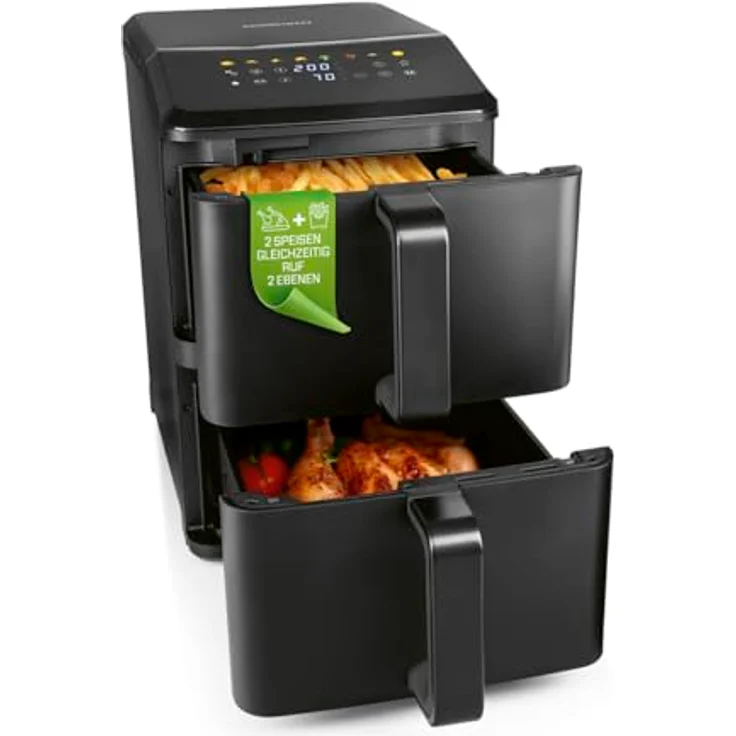 GOURMETmaxx FryUp vertikale Doppelkammer Heißluftfritteuse, 10 L mit 9,8 Zoll Multi-Colour LED-Touchdisplay, 11 Programmen und Oberhitze – Bild 1