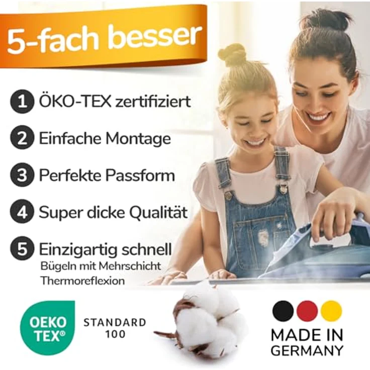 smart&gentle Super Soft Turbo-Bügelbrettbezug 120x40, ÖKOTEX zertifizierte Baumwoll-Polsterung, Thermoreflexion für schnelles Bügeln, passend für 116-120x38-40 cm Bügelbretter – Bild 3