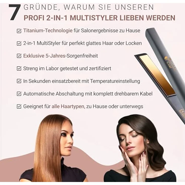 Golden Curl Glätteisen Locken und Glätten Haarglätter - 5 Jahre Sorgenfreiheit - Hair Straightener 2 in 1 (Gold Control) – Bild 2