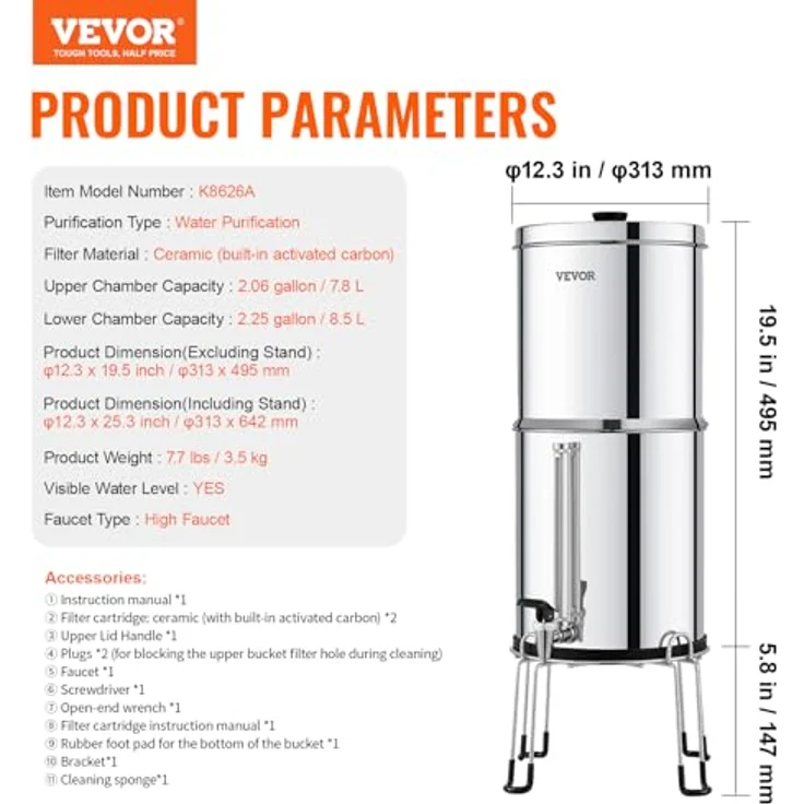 VEVOR Schwerkraft Wasserfiltersystem Edelstahl, 7,8+8,5L Wasserfiltrationssystem mit 2 Keramik-Kohlefiltern, reduziert Blei und bis zu 99 % Chlor – Bild 7
