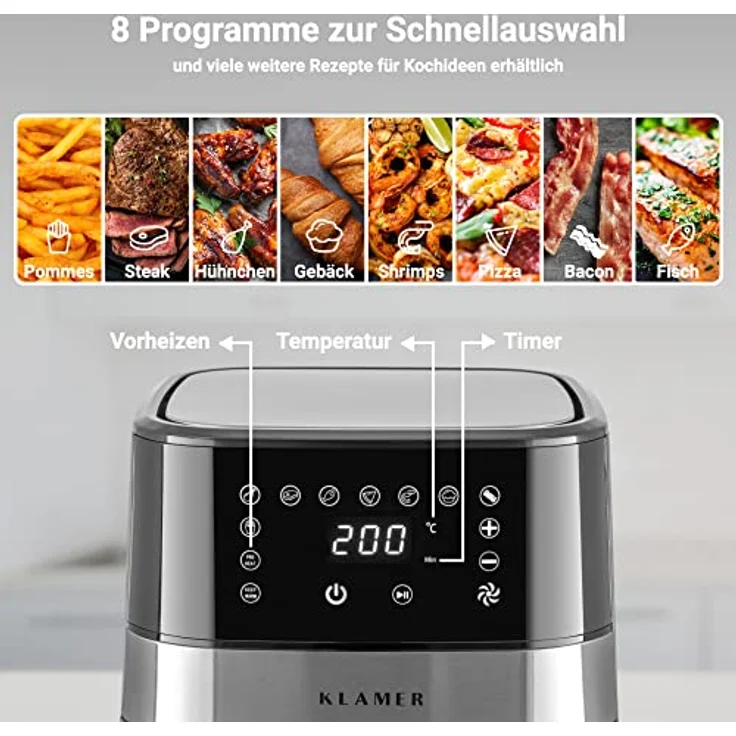 KLAMER Heißluftfritteuse 3,5L, Multifunktionale Mini Heissluftfritteuse, ölfreie Fritteuse, 1500W Airfryer mit 8 Vorprogrammen – Bild 2