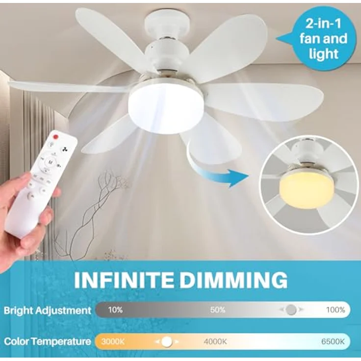 OKYUK Deckenventilator mit Beleuchtung, dimmbare Farbtemperatur, E26/E27-Sockel, 48 cm, fernbedienbar, leise, Weiß – Bild 4
