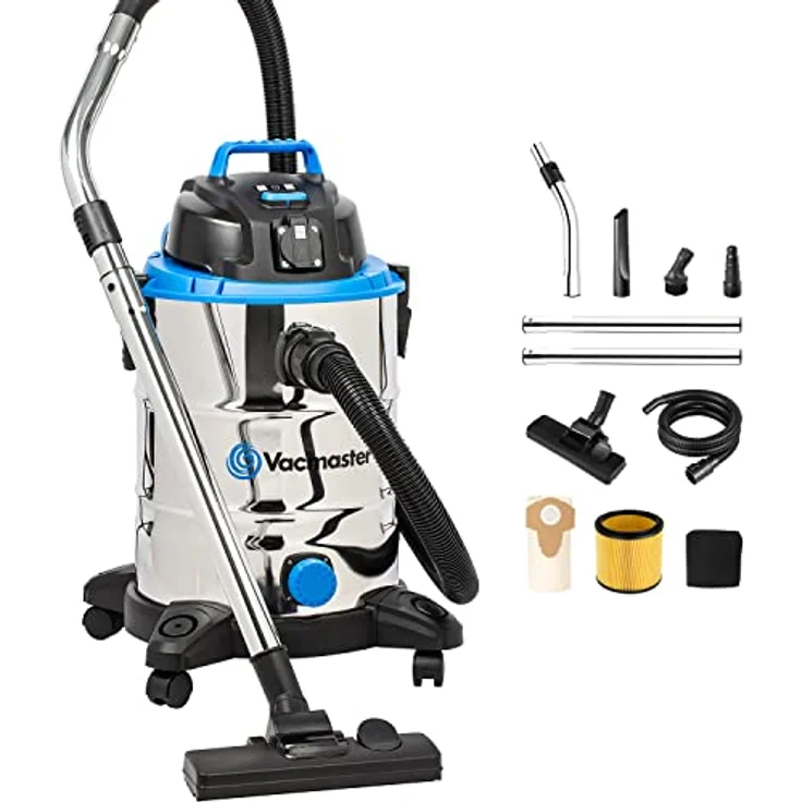 Vacmaster Nasssauger Industriestaubsauger Edelstahl 30L Behältergröße, 230 Air Watt Saugleistung mit Steckdose für Einschaltautomatik mit Elektrowerkzeugen, Blasfunktion und Wasserablassöffnung Beutel – Bild 2
