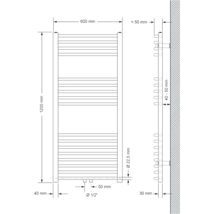 LuxeBath Badheizkörper 600 x 1200 mm, Weiß Gebogen mit Mittelanschluss und hoher Wärmeleistung – Bild 2