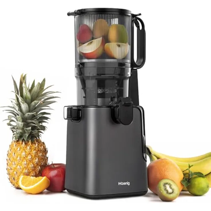 H.Koenig Vertikaler Entsafter GSX26, BPA-frei, große Öffnung 135 mm, sanfter Druck 50 U/min, Edelstahl, geräuscharm, 250 W, Anti-Tropf-System, spülmaschinengeeignet