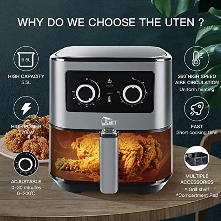 Uten Heißluftfritteuse, 5.5L XXL Airfryer heissluftfriteuse 1700W Friteuse, Timer, Antihaft-Bratkorb Luftfritteuse für 2-8 Personen, Wärmeisoliert – Bild 3
