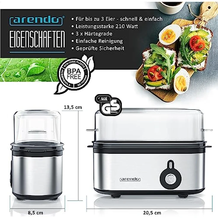 Arendo Threecook Edelstahl Eierkocher - Egg Cooker mit wählbarem Härtegrad - 210 W - 1-3 Eier - GS - BPA-frei - Schwarz/Silber – Bild 2