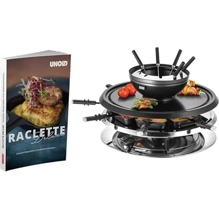 Unold 48926 Raclette Multi 4 in 1 inkl. Raclette Rezeptbuch mit 50 Rezepten | Raclette-Grill für 8 Personen, wendbarer Antihaft-Grillplatte, Edelstahl/Schwarz, 1300W