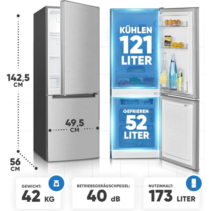 Bomann KG 7359 Kühlschrank mit Gefrierfach 143cm hoch | Kühl Gefrierkombination 173L inox mit 3 Ablagen & 3 Schubladen – Bild 5