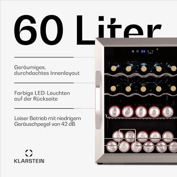 Klarstein Coachella 65 Getränkekühlschrank, 60 L, WLAN-fähig, LED-Beleuchtung, Edelstahl, Flüsterleise, 3-18 °C, Herausnehmbare Böden, Glastür – Bild 2