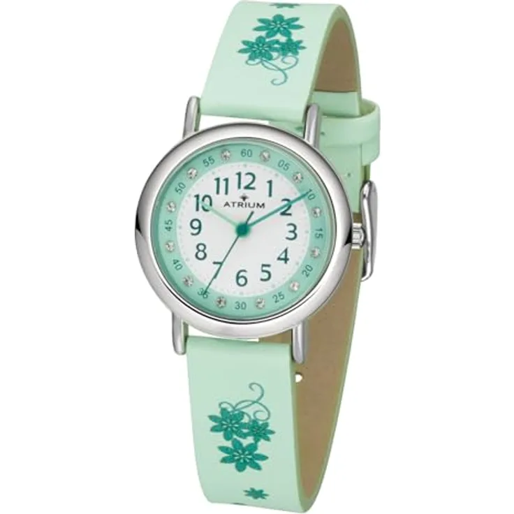 Atrium Kinder Armbanduhr Mädchen Analog Quarz extra deutlich mit Kunstlederband Blumen Mint Türkis A47-13, Hübsche Pastellfarben und Glitzersteine, Lernuhr, vegan