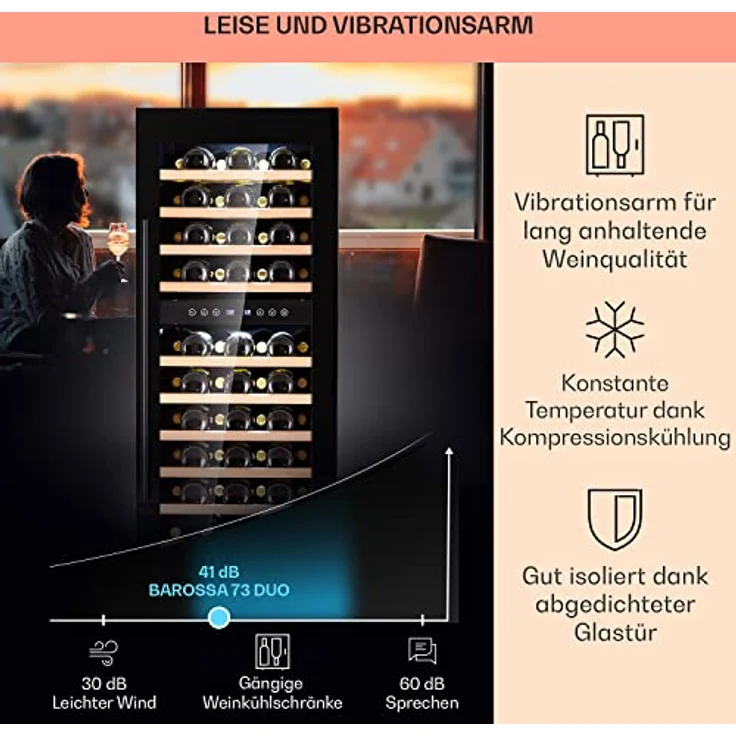 Klarstein Barossa 73 Duo Weinkühlschrank, freistehend, schwarz, 73 Flaschen, 2 Temperaturzonen, Touch-Display, Energieklasse G – Bild 5
