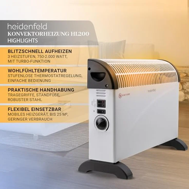 Heidenfeld elektrische Konvektorheizung HL200 | 2000 Watt - Turboaufheizung - Leise 35 dB - Thermostat - Frostwächter - Bis 25 m² - Heizlüfter - Heizung - Elektroheizung - Rostfreier Stahl – Bild 2
