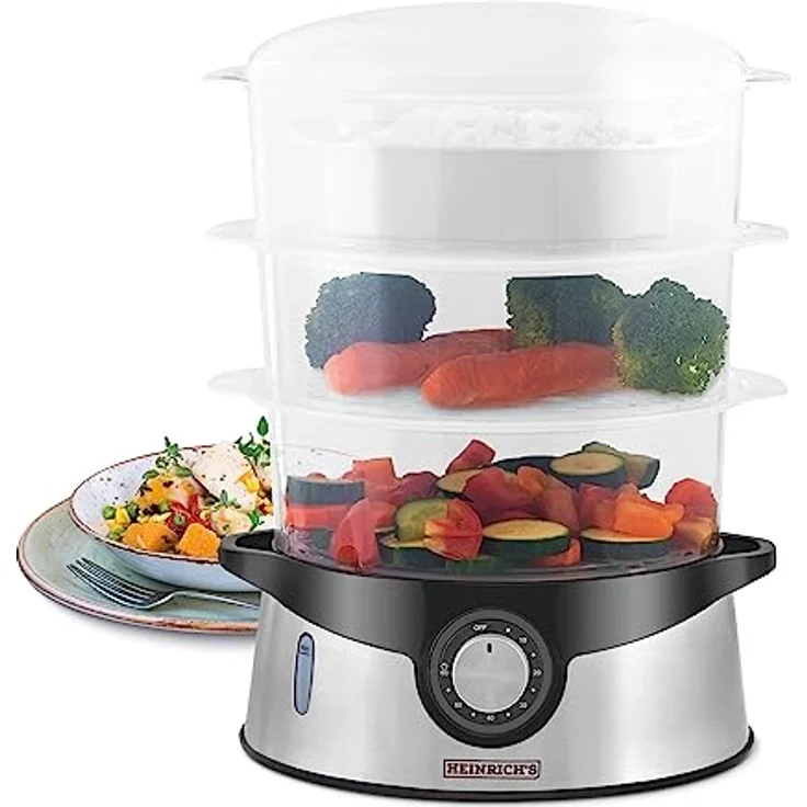 Heinrich´s Dampfgarer HDA 8501, 800,00 W, Dampfkocher, Timerfunktion, 800 Watt, Edelstahl, 3 stapelbare Etagen, 9 Liter Fassungsvermögen, BPA-frei – Bild 2