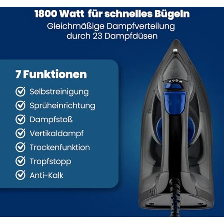 Bomann DB 6003 CB Dampfbügeleisen mit 7 Funktionen, Edelstahlspezialsohle, stufenlose Temperaturregulierung, zuschaltbare Selbstreinigungsfunktion, Schwarz-Blau – Bild 3