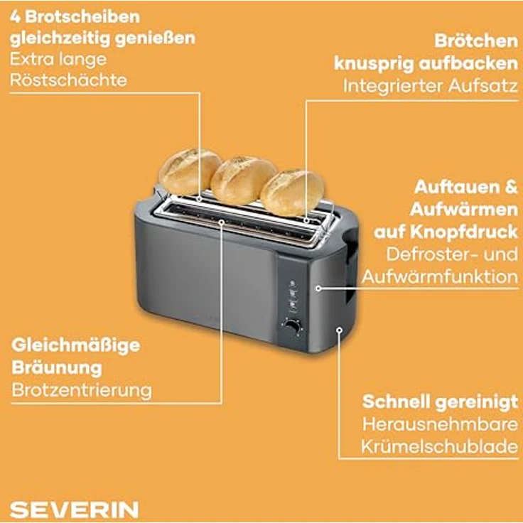 Severin AT 9341 Langschlitz-Toaster, 4-Scheiben Toaster mit 1400 Watt, Schwarz und Edelstahl, Auftaufunktion und Brötchenaufsatz – Bild 3