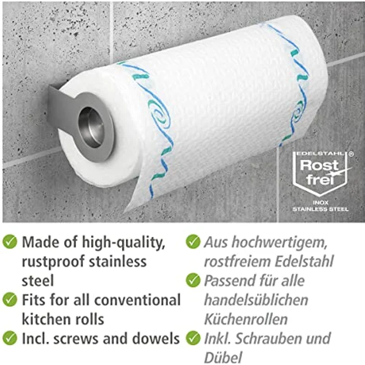 Wenko Universal Küchenrollenhalter Cerri, Edelstahl rostfrei, 21-33 x 6 x 9 cm, silber matt – Bild 3