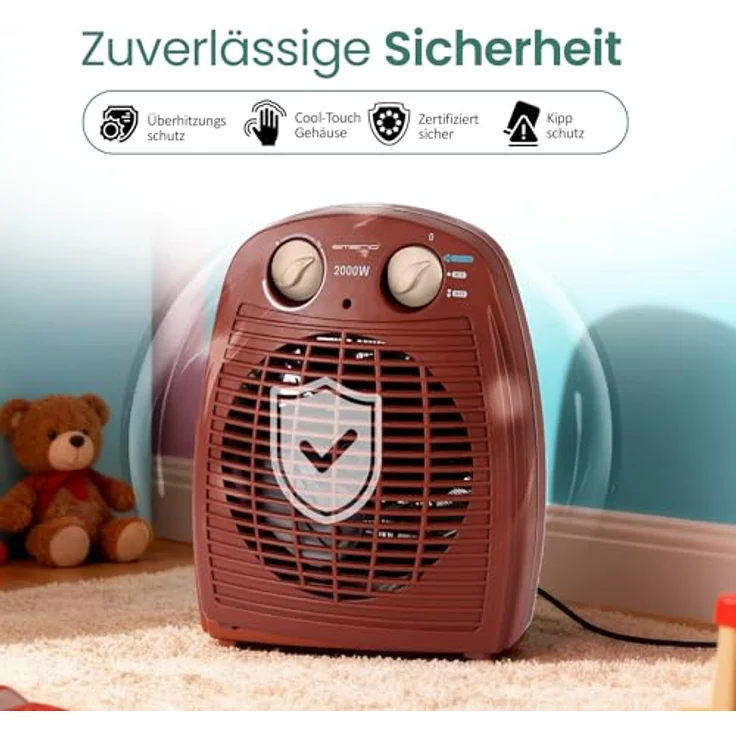 Emerio Heizlüfter FH-106737.13, 2000W für bis zu 25 m², 2 Heizstufen, Ventilationsfunktion, einstellbarer Thermostat, Kippschutz, Rot – Bild 6