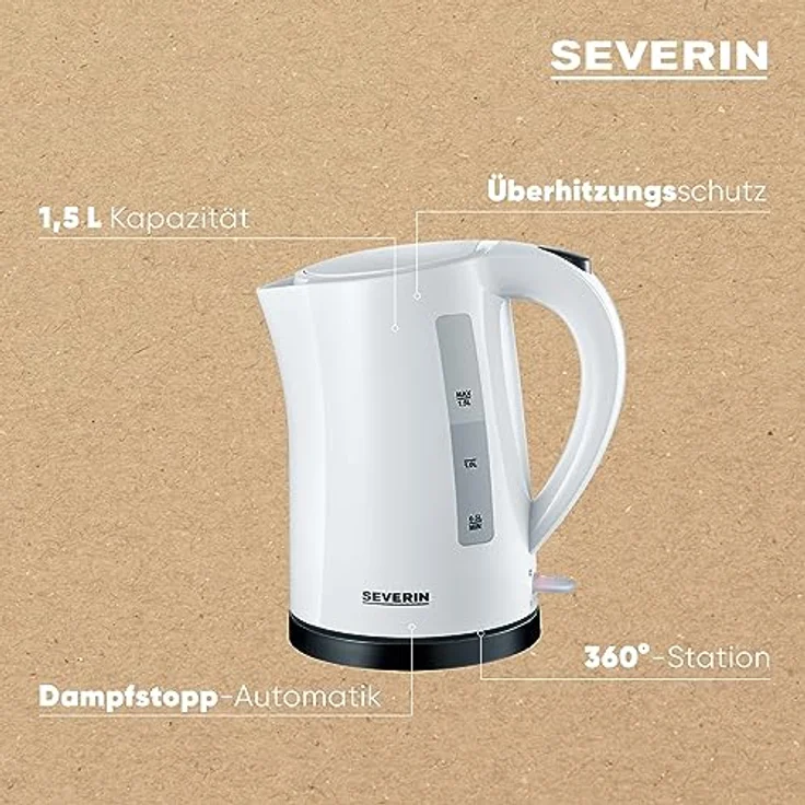SEVERIN Wasserkocher, 1,5 L, ca. 2.200 W, WK 3494, Weiß-Schwarz – Bild 4
