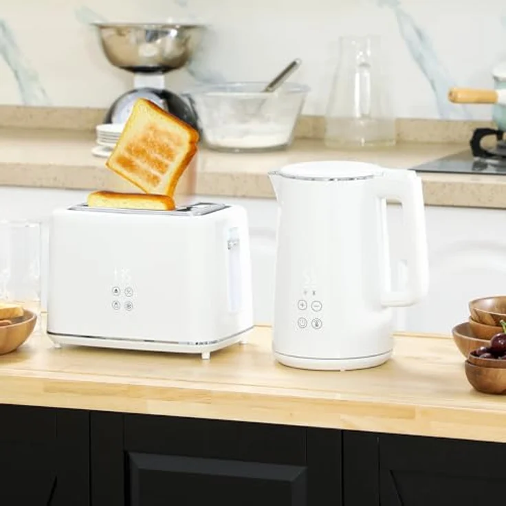HOMCOM Toaster Wasserkocher Set, 1,5L Wasserkocher mit 2200W und 7 Temperatureinstellungen, Toaster für 2 Scheiben mit 7 Bräunungsstufen, Weiß – Bild 2