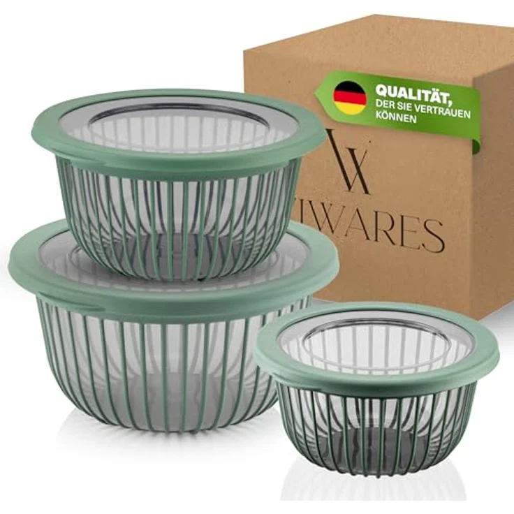 VIWARES 3 Schüssel-Set mit Deckel stapelbar (6-teilig) - 1, 2, 3 L, BPA-frei, spülmaschinenfest, grün, für Teig, Salate und Lebensmittelaufbewahrung – Bild 2