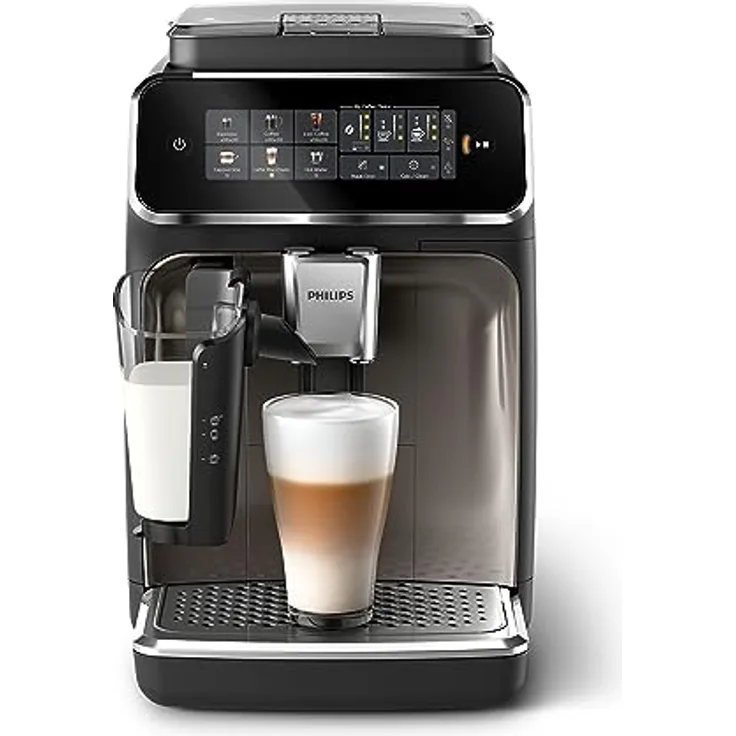 Philips 3300 Series Vollautomatische Espressomaschine - 6 Getränke, Modernes Farb-Touchscreen-Display, LatteGo-Milchsystem, SilentBrew, 100% Keramikmahlwerk, AquaClean Filter. Schwarzchrom (EP3347/90)