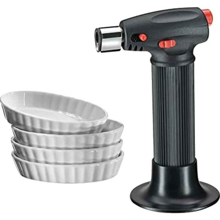 Küchenprofi Crème Brûlée-Set ECO 5-tlg. , Flambierbrenner mit 4 weißen Schälchen ,Spülmaschinengeeignete Porzellanschälchen, backofenfest , Für Nachtisch wie Creme Brulee oder Panna Cotta – Bild 1