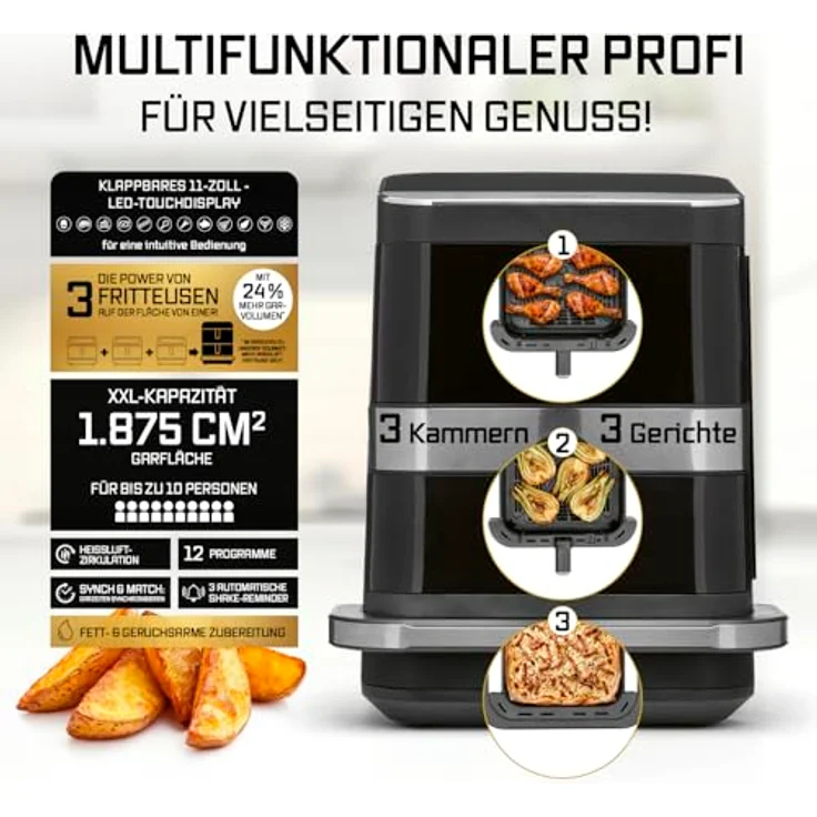 GOURMETmaxx Heißluft-Fritteuse FryUp3, 2800W, schwarz, vertikal, Doppelkorb 4l + 6l, Pizzafach, 12 Programme, 13,4l Volumen – Bild 3