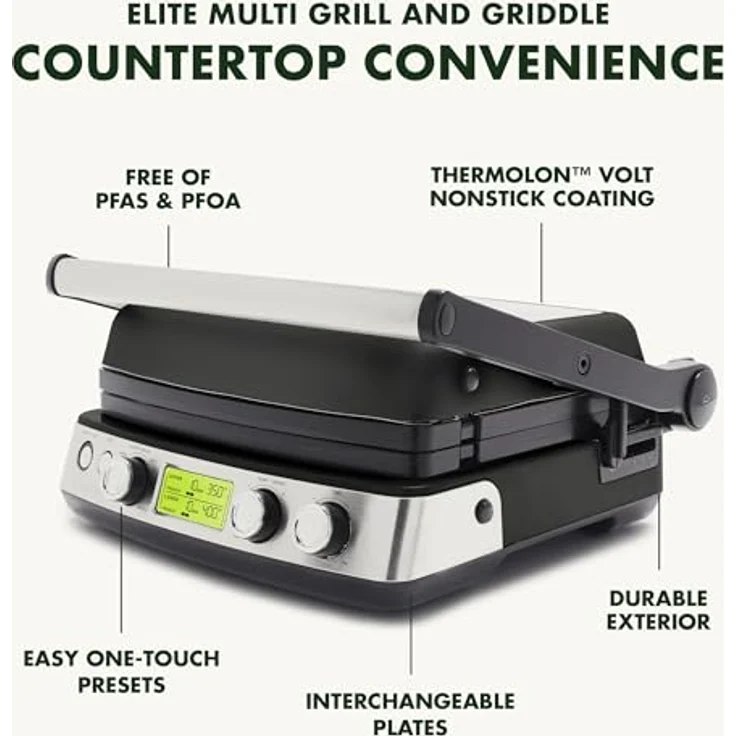 GreenPan Elite 6-in-1 Multifunktions-Kontaktgrill und -Griddle, PFAS-freie Keramische Antihaftbeschichtung, Einstellbare Temperatur, Kompakt, Schwarz – Bild 4