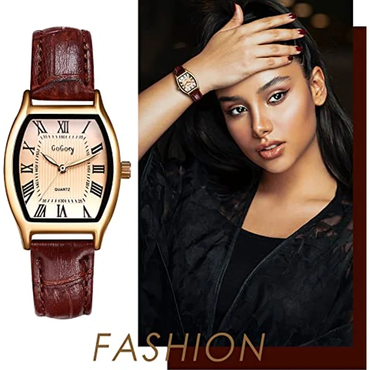 JewelryWe 2pcs Damen Analog Quarz Uhren, Retro Rechteckig mit Römischen Ziffern, Lederarmband in Schwarz/Braun – Bild 3