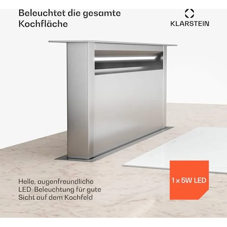 Klarstein Royal Flush 75 Downdraft Dunstabzugshaube, A++, 604 m³/h, Touch-Bedienfeld, LED-Licht, Edelstahl, leise mit 52 dB, ideal für Kücheninseln – Bild 4