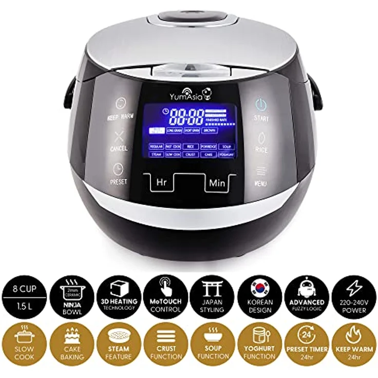 Yum Asia Sakura Reiskocher, 8 Tassen mit Keramikbeschichtung, Advanced Fuzzy Logic, 6 Reis- und Multifunktionen, Schwarz und Silber, 220–240 V (EU-Stecker) – Bild 4