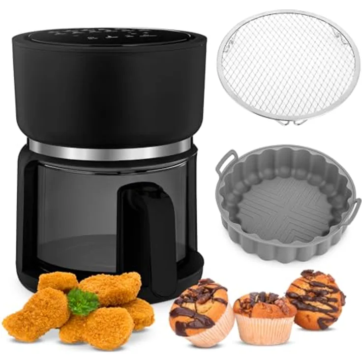 4SWISS Pure Glass – Fettfreie Heißluftfritteuse mit Glasschublade, Top Hygiene System, 12 Programme, stilvoll - Schwarz