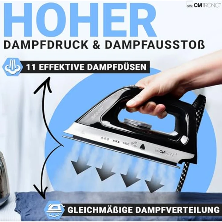 Clatronic® Dampfbügelstation mit Dampf Bügeleisen | 3,5 bar | mit Superglide-Sohle & 1,2L Wassertank | 80 min. Betriebsdauer | 2400W | Bügeleisen Dampf Anti-Tropf-System | DBS 3749 schwarz – Bild 3