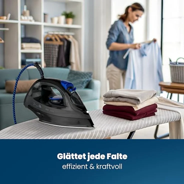 Clatronic DB 3703 Dampfbügeleisen mit 7 Funktionen, Edelstahlspezialsohle, stufenlose Temperaturregulierung, zuschaltbare Selbstreinigungsfunktion, Schwarz-Blau – Bild 6